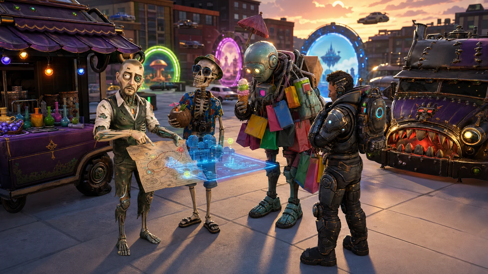 A hero meeting funny BlueBeam citizens, including a cyborg, a skeleton tourist and a shopping robot