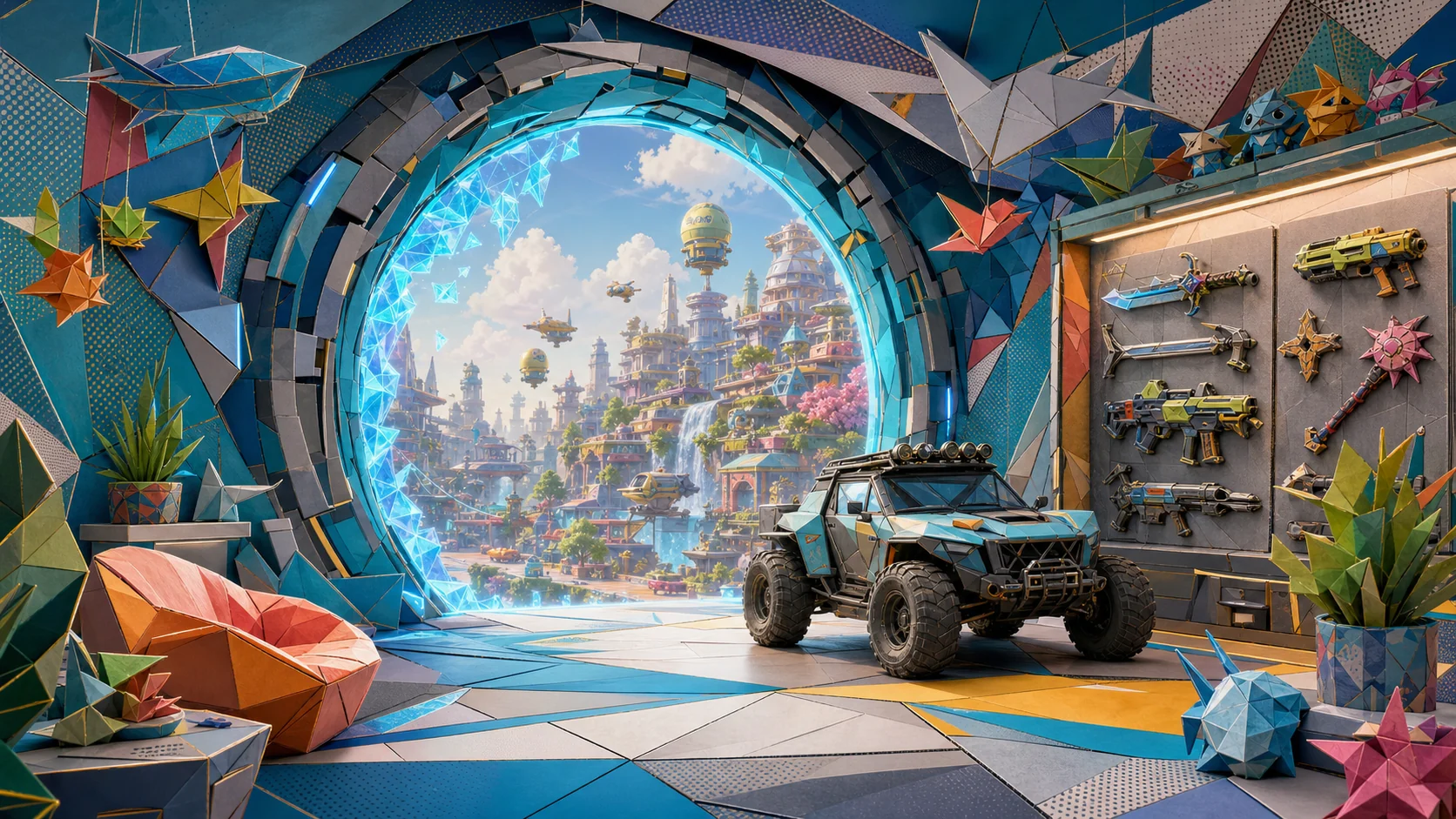 Origami BlueBeam portal room with a vehicle and weapon wall